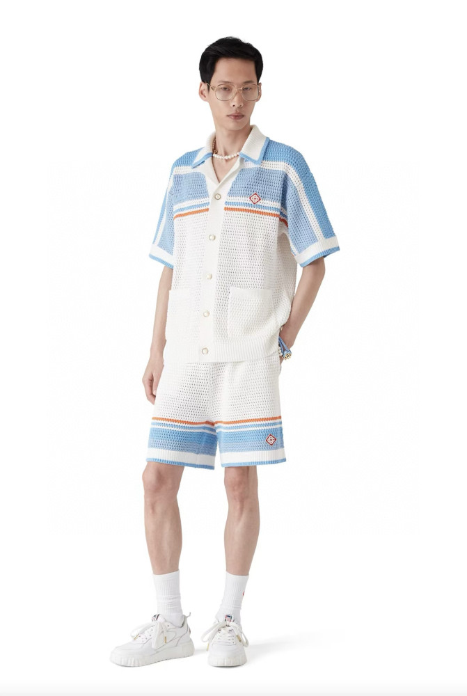 NIGO Casablanca Men's Summer Striped Printed Crochet Knit Single Breasted Short Sleeved Shirt And Casual Drawstring Shorts Set Suit #nigo77391