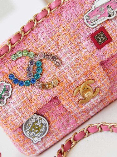 NIGO Chanel Women's Pink Chain Tartan Fabric Badge Print Single Shoulder Crossbody Bag Bags #nigo77412