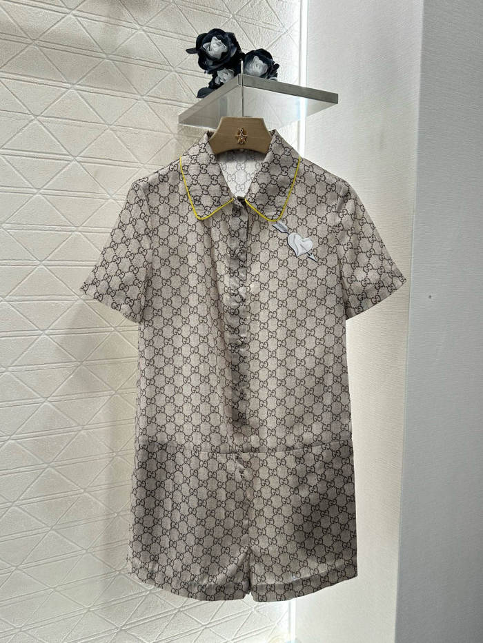 NIGO Gucci Women's Spring/Summer Solid Color Logo Print Cotton Single-Breasted Short-Sleeved Jumpsuit #nigo77415
