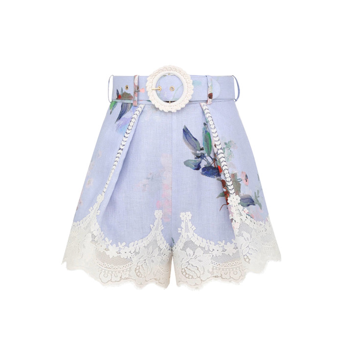 NIGO Zimmermann Women's Summer Floral Print Lace Trim Single Breasted Thin Long Sleeved Shirt And Casual Lace Shorts Set Suit #nigo77434