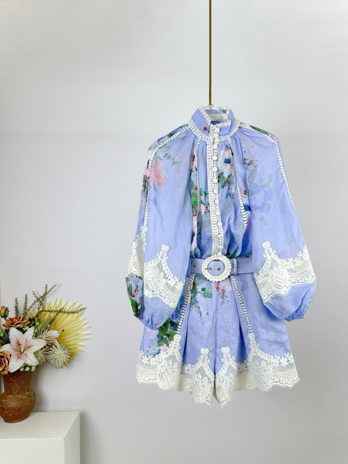 NIGO Zimmermann Women's Summer Floral Print Lace Trim Single Breasted Thin Long Sleeved Shirt And Casual Lace Shorts Set Suit #nigo77434
