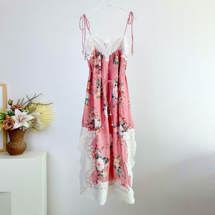 NIGO Zimmermann Women's Summer Solid Color Floral Pattern Print Lace Trim Strapless Dress #nigo77435
