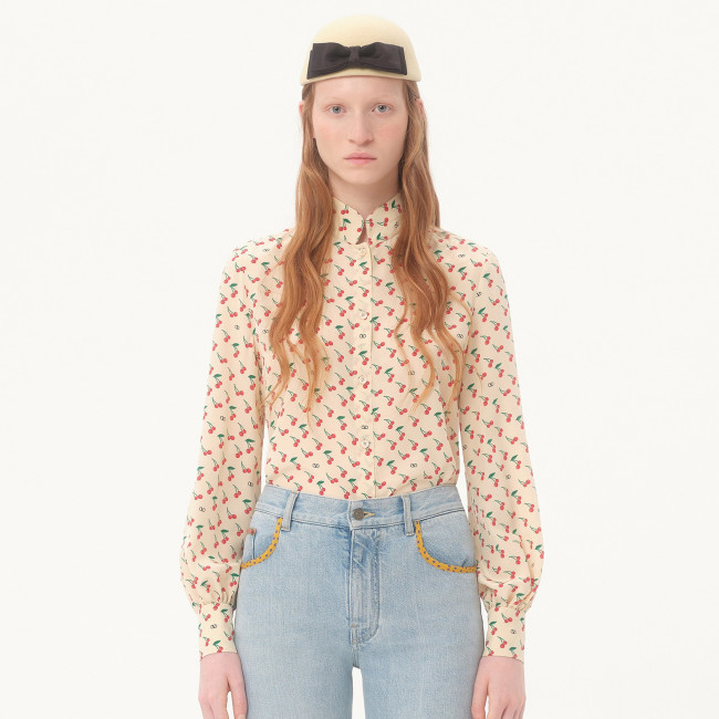 NIGO Valentino Women's Summer Cherry Pattern Plain Color Single Breasted Long Sleeved Shirt #nigo77459