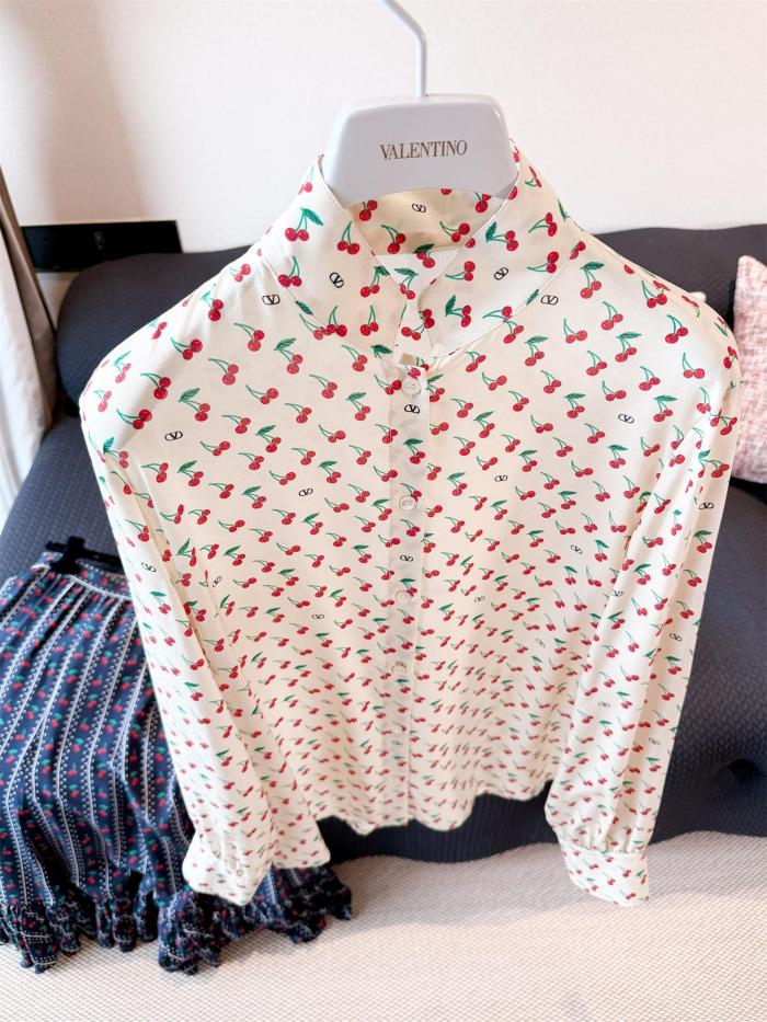 NIGO Valentino Women's Summer Cherry Pattern Plain Color Single Breasted Long Sleeved Shirt #nigo77459