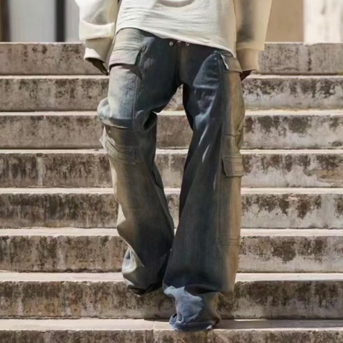 NIGO Rick Owens Men's Spring And Summer High Street Trend Gradient Pocket Denim Pants Retro Fashion Trend Loose Pants Ngvp #nigo1743