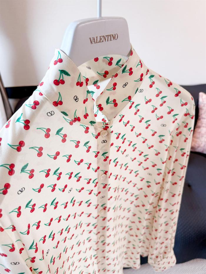 NIGO Valentino Women's Summer Cherry Pattern Plain Color Single Breasted Long Sleeved Shirt #nigo77459
