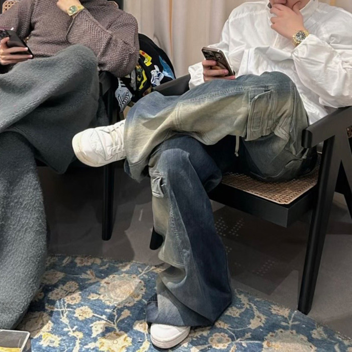 NIGO Rick Owens Men's Spring And Summer High Street Trend Gradient Pocket Denim Pants Retro Fashion Trend Loose Pants Ngvp #nigo1743