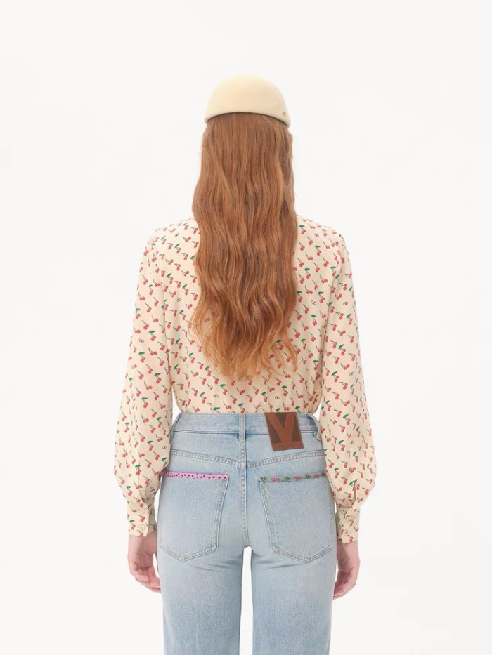 NIGO Valentino Women's Summer Cherry Pattern Plain Color Single Breasted Long Sleeved Shirt #nigo77459