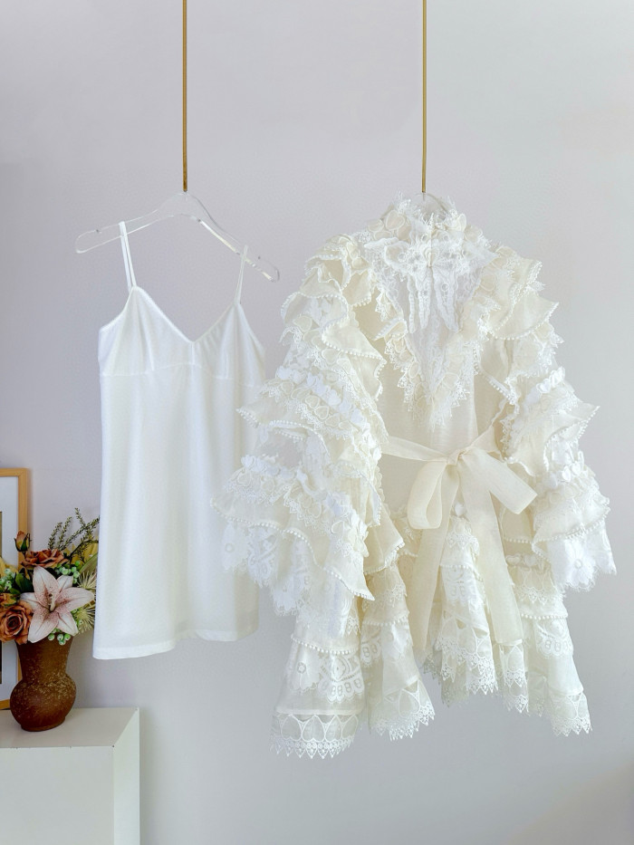 NIGO Zimmermann Women's Spring/Summer Solid Color Lace Trim Tie-Waist Short Long-Sleeved Dress #nigo77496