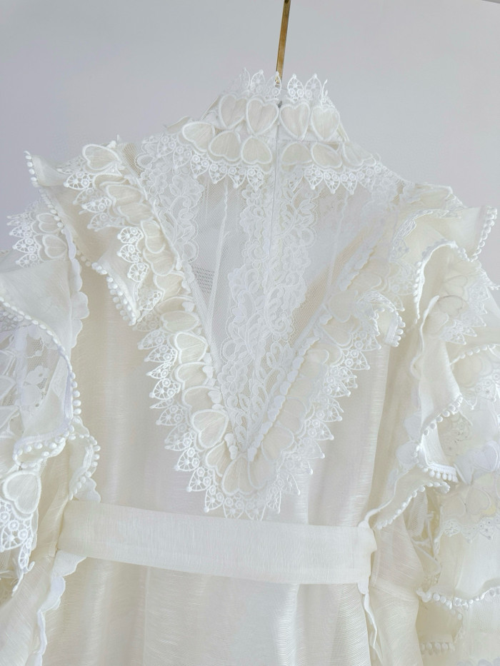 NIGO Zimmermann Women's Spring/Summer Solid Color Lace Trim Tie-Waist Short Long-Sleeved Dress #nigo77496