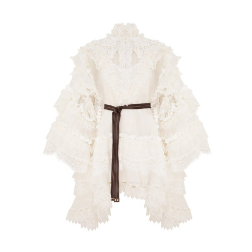 NIGO Zimmermann Women's Spring/Summer Solid Color Lace Trim Tie-Waist Short Long-Sleeved Dress #nigo77496