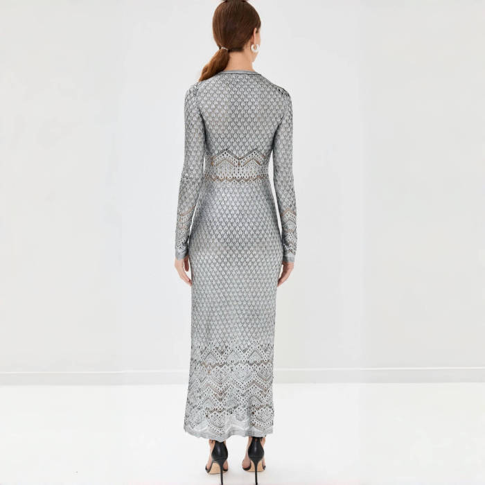 NIGO Paco Rabanne Women's Metallic Round Neck Knit Spring and Autumn Solid Color Extra Long Dresses Ngvp #nigo1847