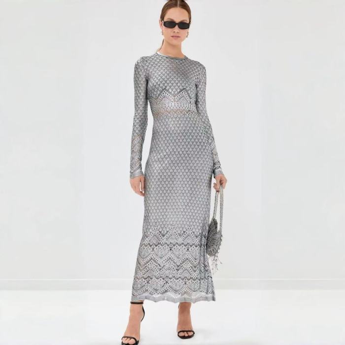 NIGO Paco Rabanne Women's Metallic Round Neck Knit Spring and Autumn Solid Color Extra Long Dresses Ngvp #nigo1847