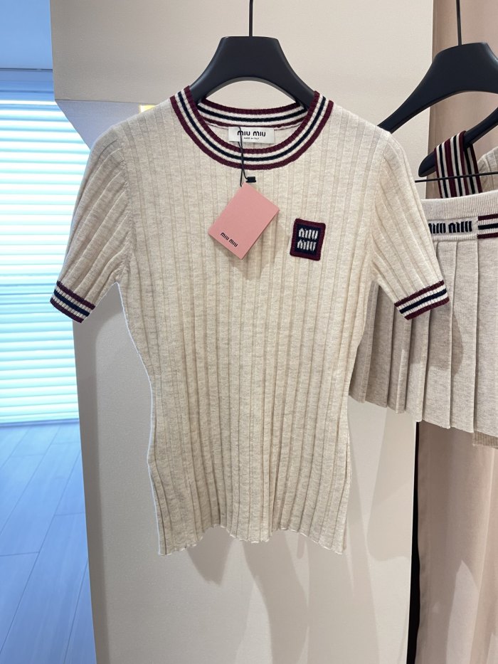 NIGO MiuMiu Women's Summer Solid Color Letter Print Knitted Round Neck Short Sleeve T-Shirt #nigo77557