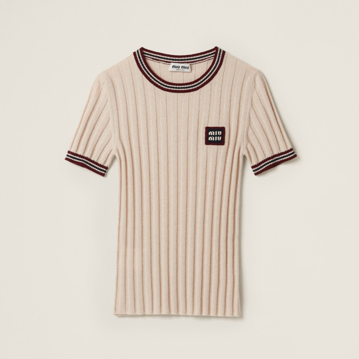NIGO MiuMiu Women's Summer Solid Color Letter Print Knitted Round Neck Short Sleeve T-Shirt #nigo77557