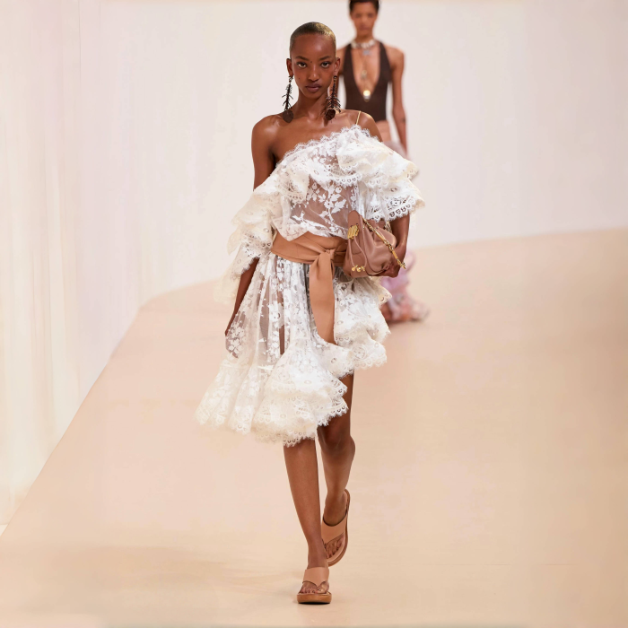 NIGO Zimmermann Women's Summer Solid Color Lace Trim Off-the-Shoulder Strapless Short Dress #nigo77617