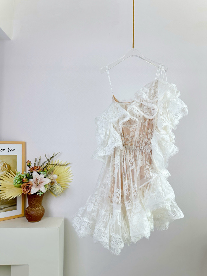 NIGO Zimmermann Women's Summer Solid Color Lace Trim Off-the-Shoulder Strapless Short Dress #nigo77617