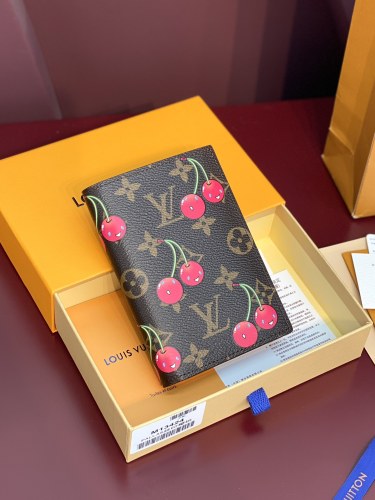 NIGO Louis Vuitton LV x TM Women's Brown Leather Passport Wallet with Cherry Pattern Print Bag Bags #nigo77594
