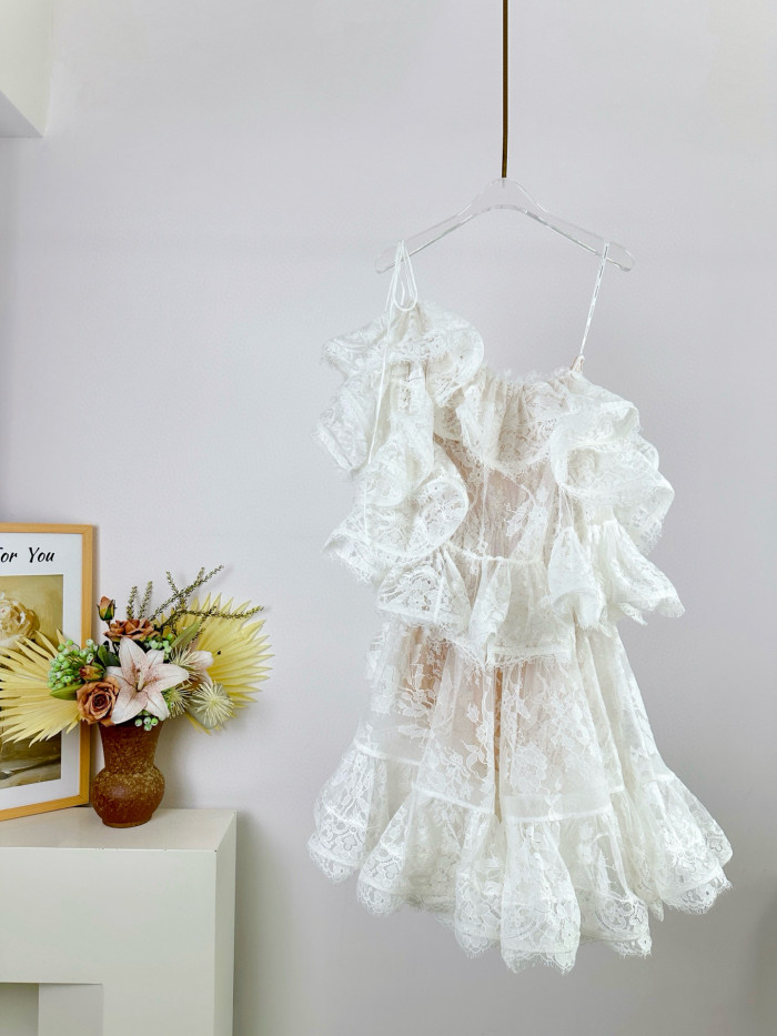 NIGO Zimmermann Women's Summer Solid Color Lace Trim Off-the-Shoulder Strapless Short Dress #nigo77617