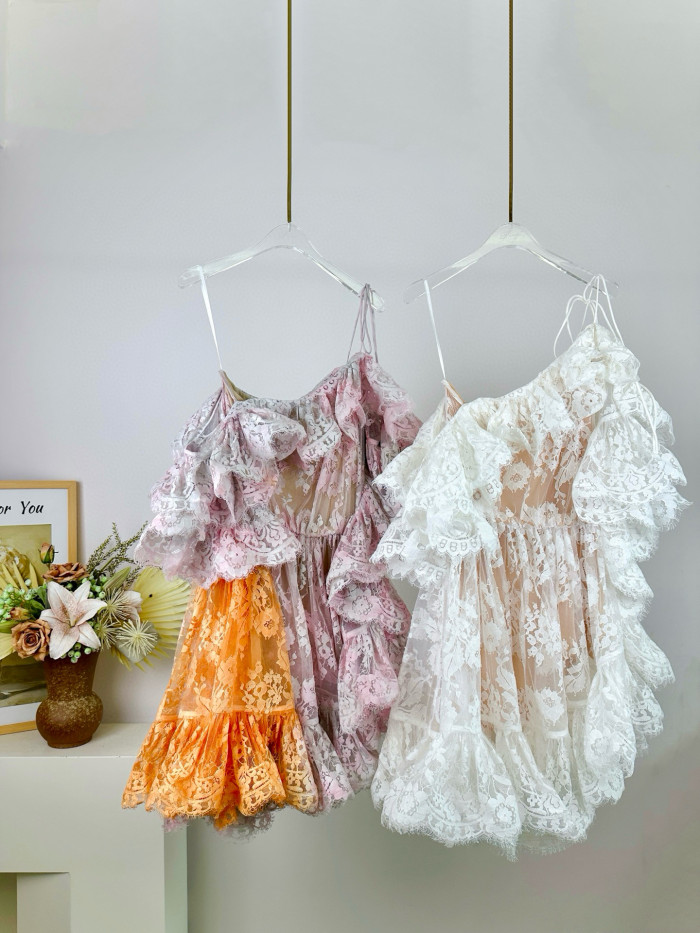 NIGO Zimmermann Women's Summer Solid Color Lace Trim Off-the-Shoulder Strapless Short Dress #nigo77617
