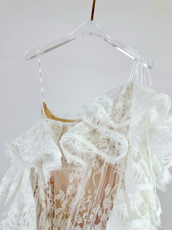 NIGO Zimmermann Women's Summer Solid Color Lace Trim Off-the-Shoulder Strapless Short Dress #nigo77617