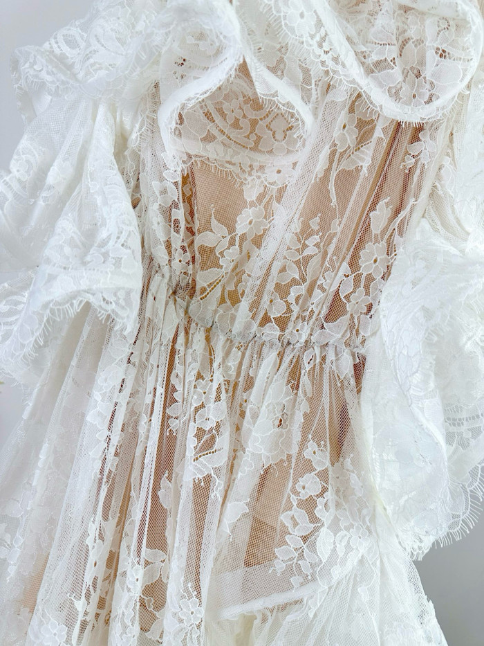 NIGO Zimmermann Women's Summer Solid Color Lace Trim Off-the-Shoulder Strapless Short Dress #nigo77617