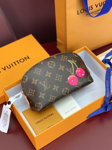 NIGO Louis Vuitton LV X TM Women's Brown Letter Print Cherry Pattern Leather Small Makeup Bag Bags #nigo77595