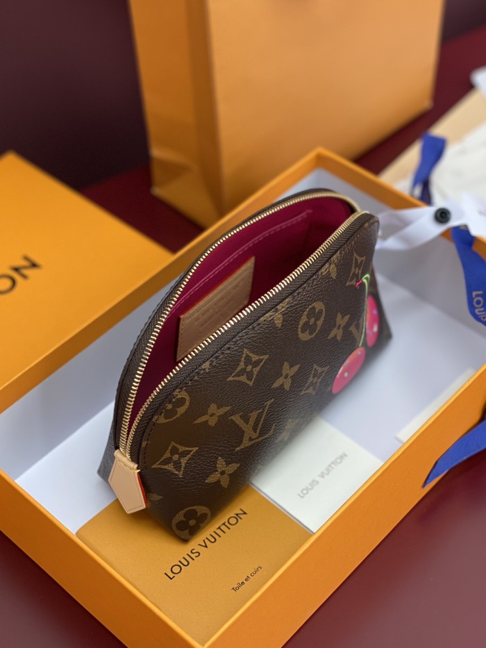 NIGO Louis Vuitton LV X TM Women's Brown Letter Print Cherry Pattern Leather Small Makeup Bag Bags #nigo77595