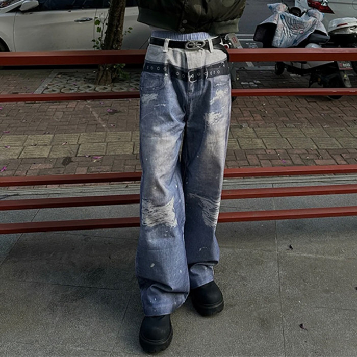 NIGO GRAILZ Project G/R   Men's Printed Denim Pants Old High Street Vintage Jeans Loose Wide Leg Straight Trousers #nigo81387