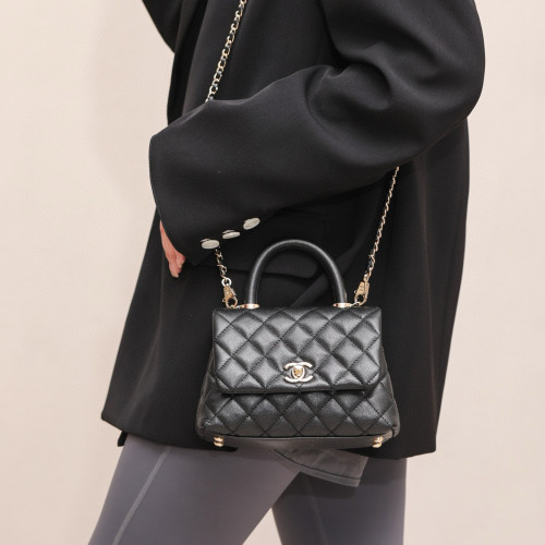 NIGO Chanel COCO Handle 16 Classic Logo Black Gold Leather Caviar Chain Shoulder Crossbody Mini Small Medium Women's Spring Summer Black Bag Bags #nigo81386