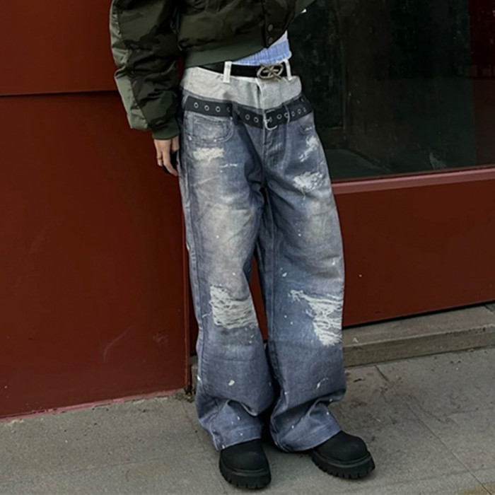 NIGO GRAILZ Project G/R   Men's Printed Denim Pants Old High Street Vintage Jeans Loose Wide Leg Straight Trousers #nigo81387