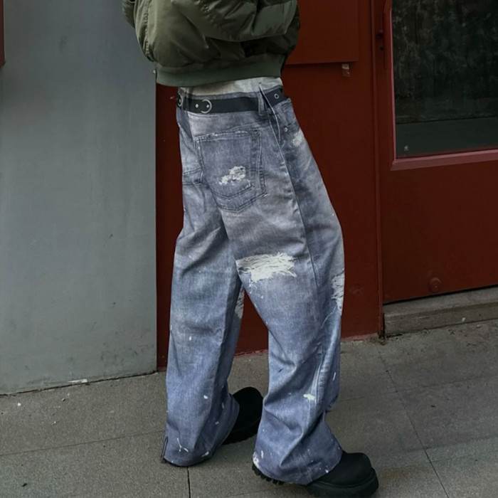 NIGO GRAILZ Project G/R   Men's Printed Denim Pants Old High Street Vintage Jeans Loose Wide Leg Straight Trousers #nigo81387