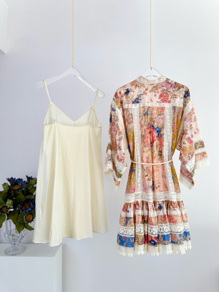 NIGO Zimmermann Women's Summer Floral Pattern Printed Lace Trim Linen Fabric Single Breasted Short Sleeved Short Dress #nigo77662