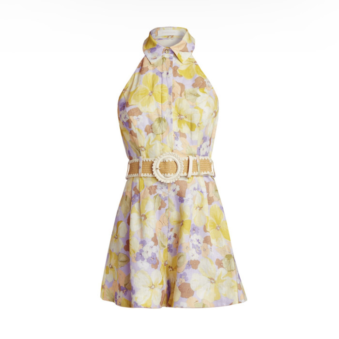 NIGO Zimmermann Women's Summer Floral Pattern Printed Cinched Waist Collarless Backless Single Button Sleeveless Jumpsuit #nigo77664