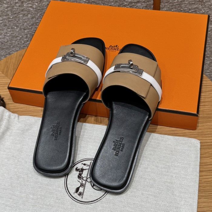 NIGO Hermes Giulia Women's Summer Metal Buckle Round Toe Leather Sandals Slippers Shoes #nigo77657