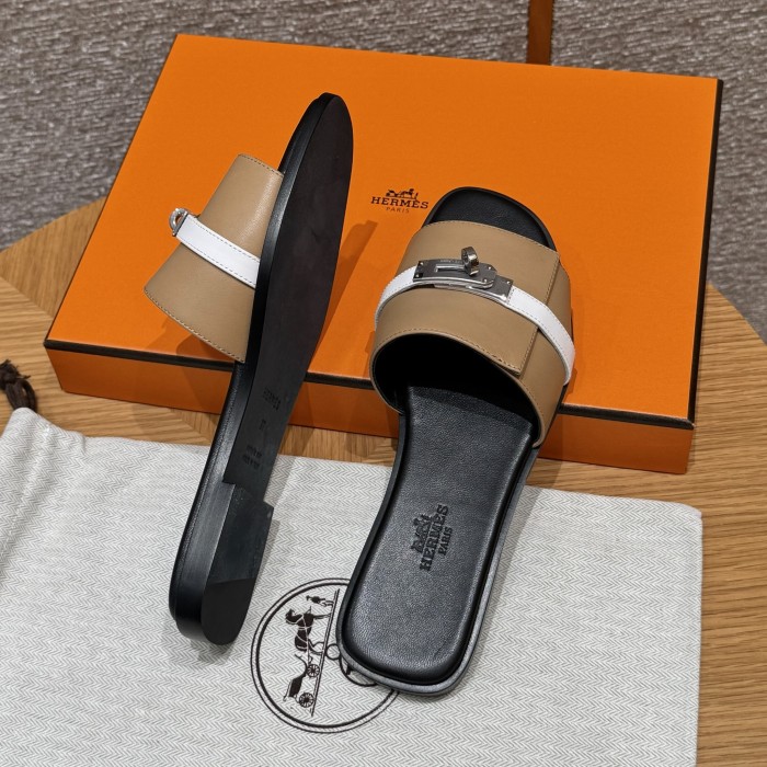 NIGO Hermes Giulia Women's Summer Metal Buckle Round Toe Leather Sandals Slippers Shoes #nigo77657