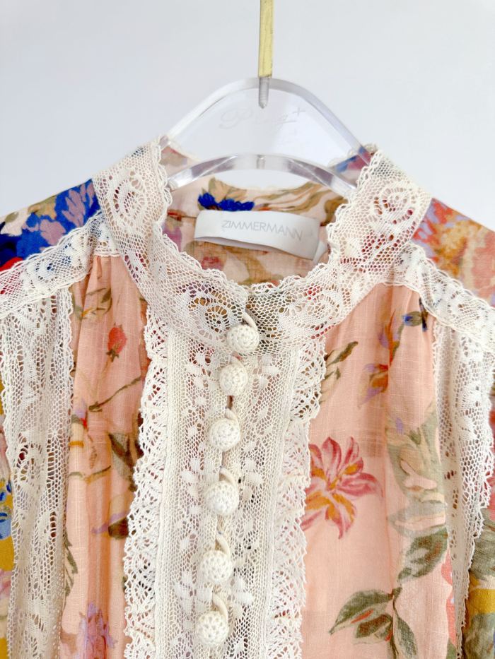 NIGO Zimmermann Women's Summer Floral Pattern Printed Lace Trim Linen Fabric Single Breasted Short Sleeved Short Dress #nigo77662
