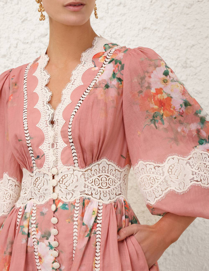 NIGO Zimmermann Women's Summer Solid Color Floral Pattern Printed Lace Trim V-neck Single Breasted Short Sleeved Short Dress #nigo77661
