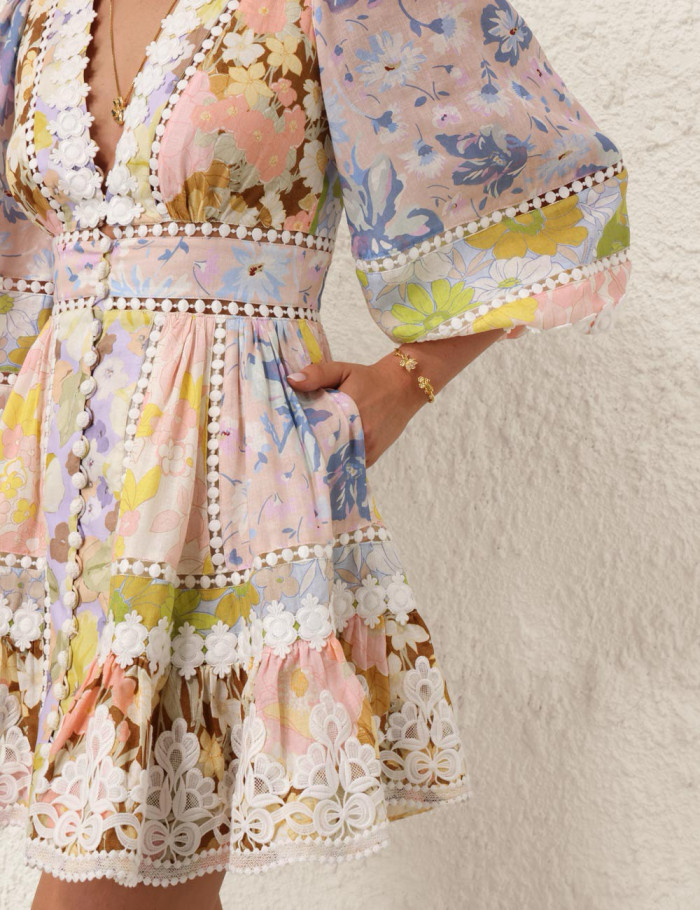 NIGO Zimmermann Women's Summer Floral Pattern Printed Lace Trim Linen Fabric V-neck Single Breasted Buttoned Lantern Sleeve Short Dress #nigo77663