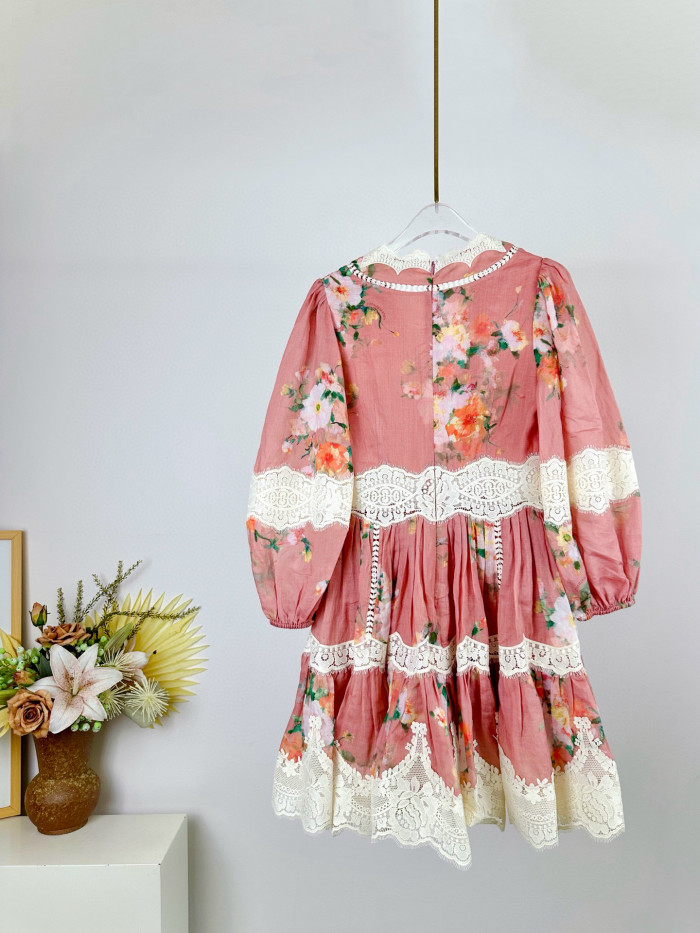 NIGO Zimmermann Women's Summer Solid Color Floral Pattern Printed Lace Trim V-neck Single Breasted Short Sleeved Short Dress #nigo77661