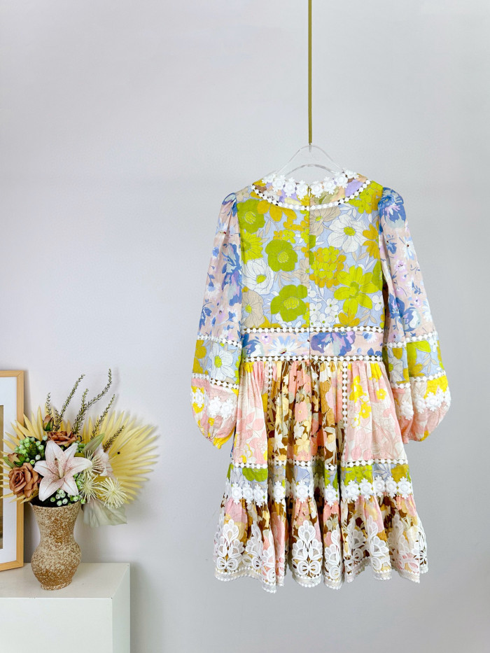 NIGO Zimmermann Women's Summer Floral Pattern Printed Lace Trim Linen Fabric V-neck Single Breasted Buttoned Lantern Sleeve Short Dress #nigo77663