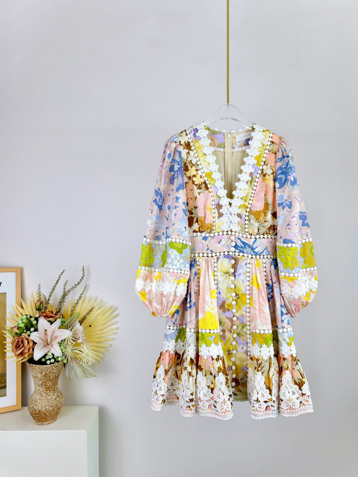 NIGO Zimmermann Women's Summer Floral Pattern Printed Lace Trim Linen Fabric V-neck Single Breasted Buttoned Lantern Sleeve Short Dress #nigo77663