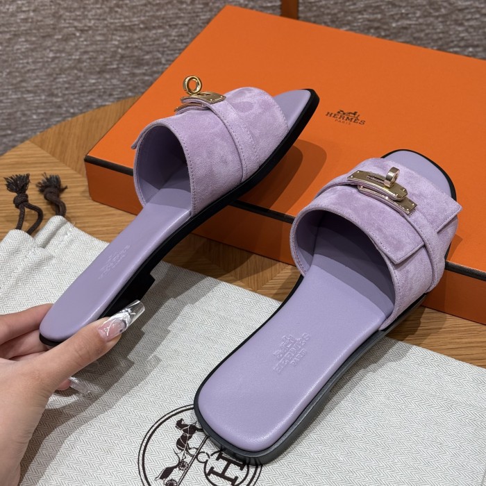 NIGO Hermes Giulia Women's Summer Solid Color Metal Buckle Round Toe Suede Leather Sandals Slippers Shoes #nigo77667