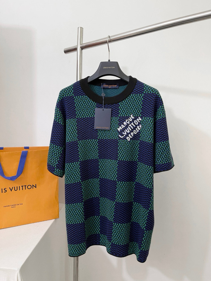 NIGO Louis Vuitton ﻿Men's Summer Check Letter Jacquard Damier Cotton Crewneck Round Neck Solid Color Short Sleeve T-Shirt #nigo71878
