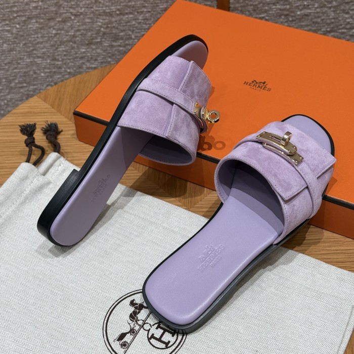 NIGO Hermes Giulia Women's Summer Solid Color Metal Buckle Round Toe Suede Leather Sandals Slippers Shoes #nigo77667
