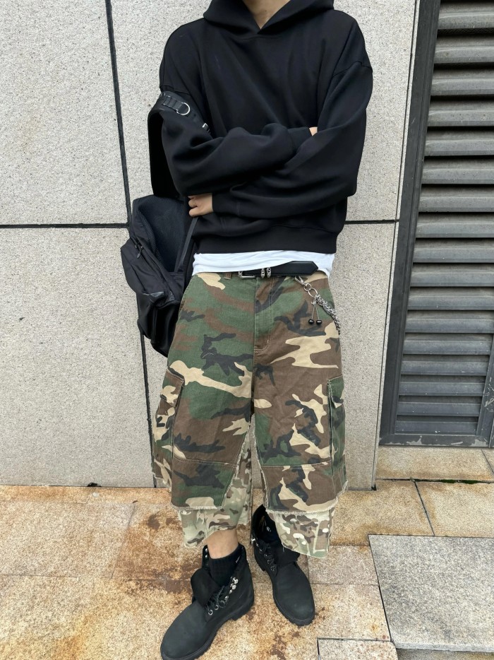 NIGO GRAILZ Project G/R Men's Summer Vintage Camouflage Layered Spliced Destruction Casual Pants Cotton Shorts Ngvp #nigo1918