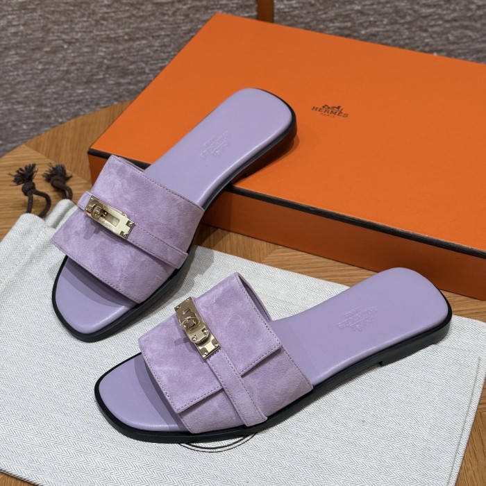 NIGO Hermes Giulia Women's Summer Solid Color Metal Buckle Round Toe Suede Leather Sandals Slippers Shoes #nigo77667