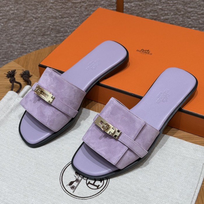NIGO Hermes Giulia Women's Summer Solid Color Metal Buckle Round Toe Suede Leather Sandals Slippers Shoes #nigo77667