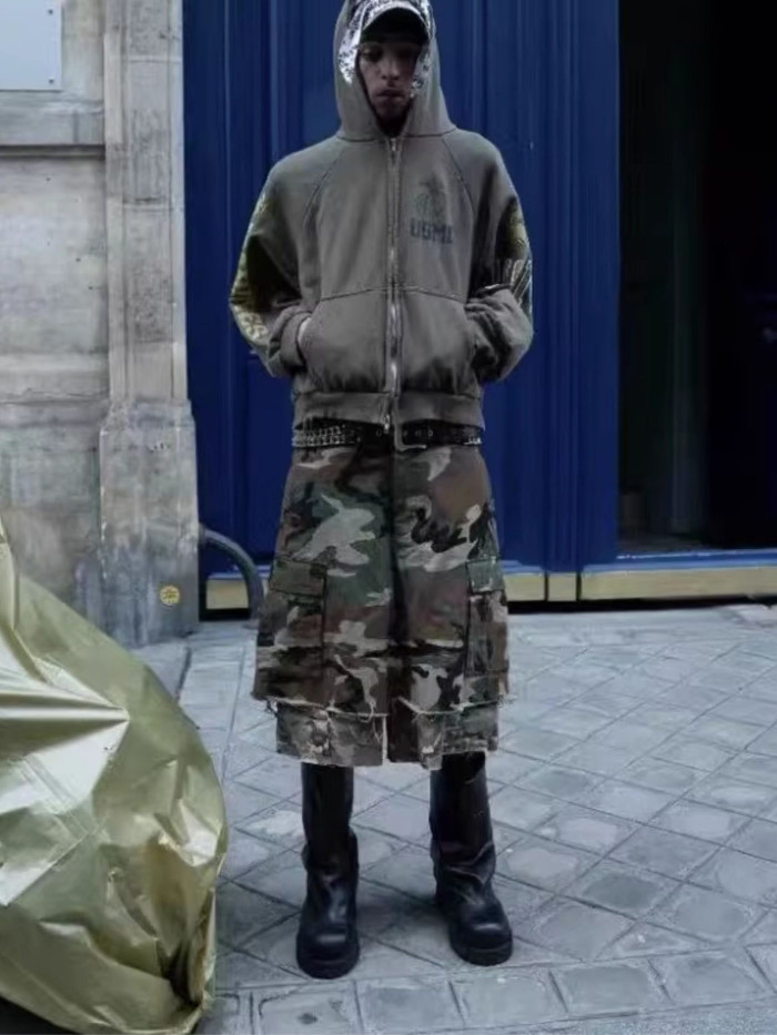 NIGO GRAILZ Project G/R Men's Summer Vintage Camouflage Layered Spliced Destruction Casual Pants Cotton Shorts Ngvp #nigo1918