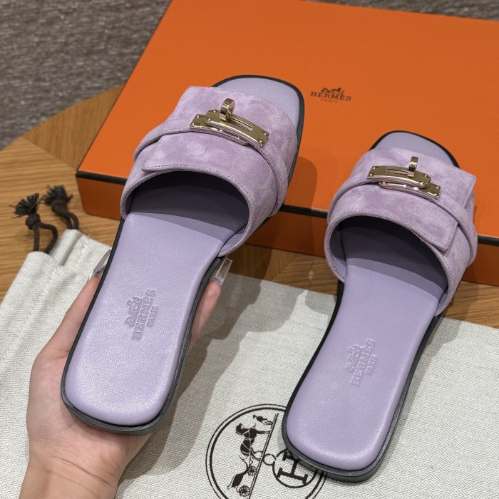 NIGO Hermes Giulia Women's Summer Solid Color Metal Buckle Round Toe Suede Leather Sandals Slippers Shoes #nigo77667